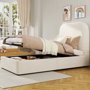 Gestoffeerd opbergbed – 90 x 190 cm – met hydraulische opbergruimte en hoofdeinde – fluweel – beige Gestoffeerd opbergbed – 90 x 190 cm – met hydraulische opbergruimte en hoofdeinde – fluweel – beige