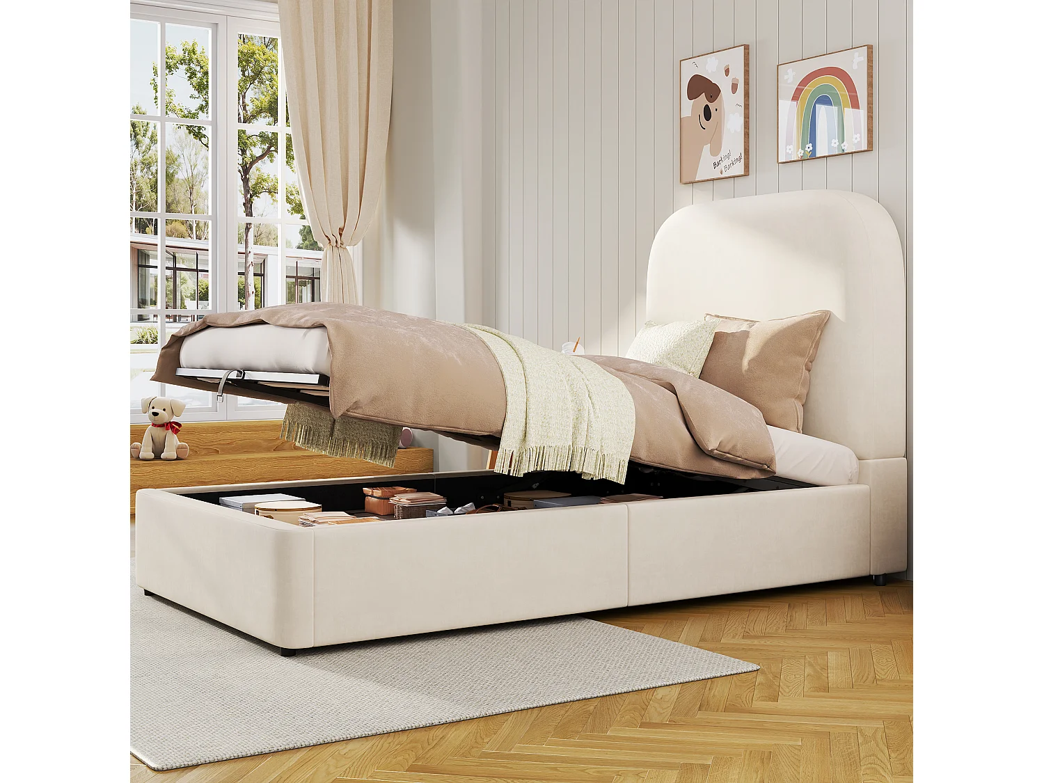Gestoffeerd opbergbed - 90 x 190 cm - met hydraulische opbergruimte en hoofdeinde - fluweel - beige