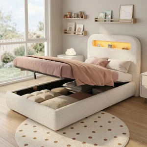 Gestoffeerd hydraulisch opbergbed – 90 x 200 cm – met opbergbaar hoofdeinde + LED-verlichting – lusvormig – wit