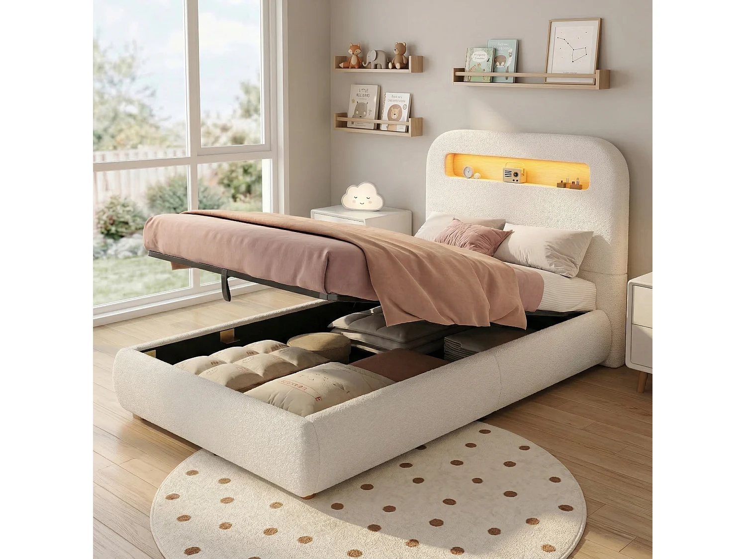 Gestoffeerd hydraulisch opbergbed - 90 x 200 cm - met opbergbaar hoofdeinde + LED-verlichting - lusvormig - wit
