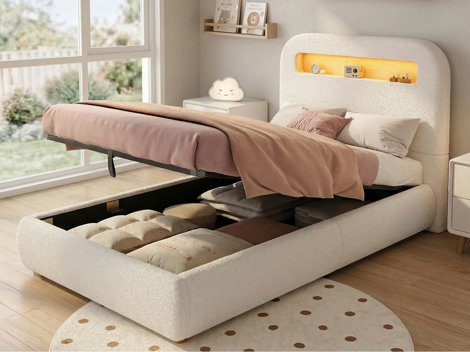 Gestoffeerd kinderbed 90 x 200 cm met opbergruimte - met LED-verlichting - houten poten - bouclé stof - wit (zonder matras)
