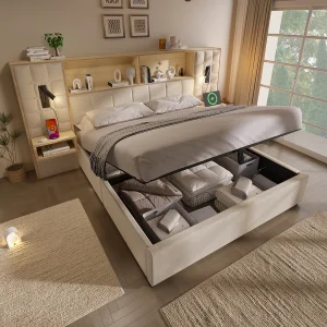 Gestoffeerd opbergbed – 180 x 200 cm – met LED-verlichting + 2 leeslampjes + 2 nachtkastjes + opberghoofdbord – linnen – beige Gestoffeerd opbergbed – 180 x 200 cm – met LED-verlichting + 2 leeslampjes + 2 nachtkastjes + opberghoofdbord – linnen – beige