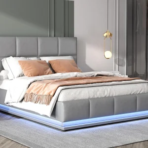 Gestoffeerd opbergbed 140×200 cm met LED verlichting – in kunstleer – Grijs Gestoffeerd opbergbed 140×200 cm met LED verlichting – in kunstleer – Grijs