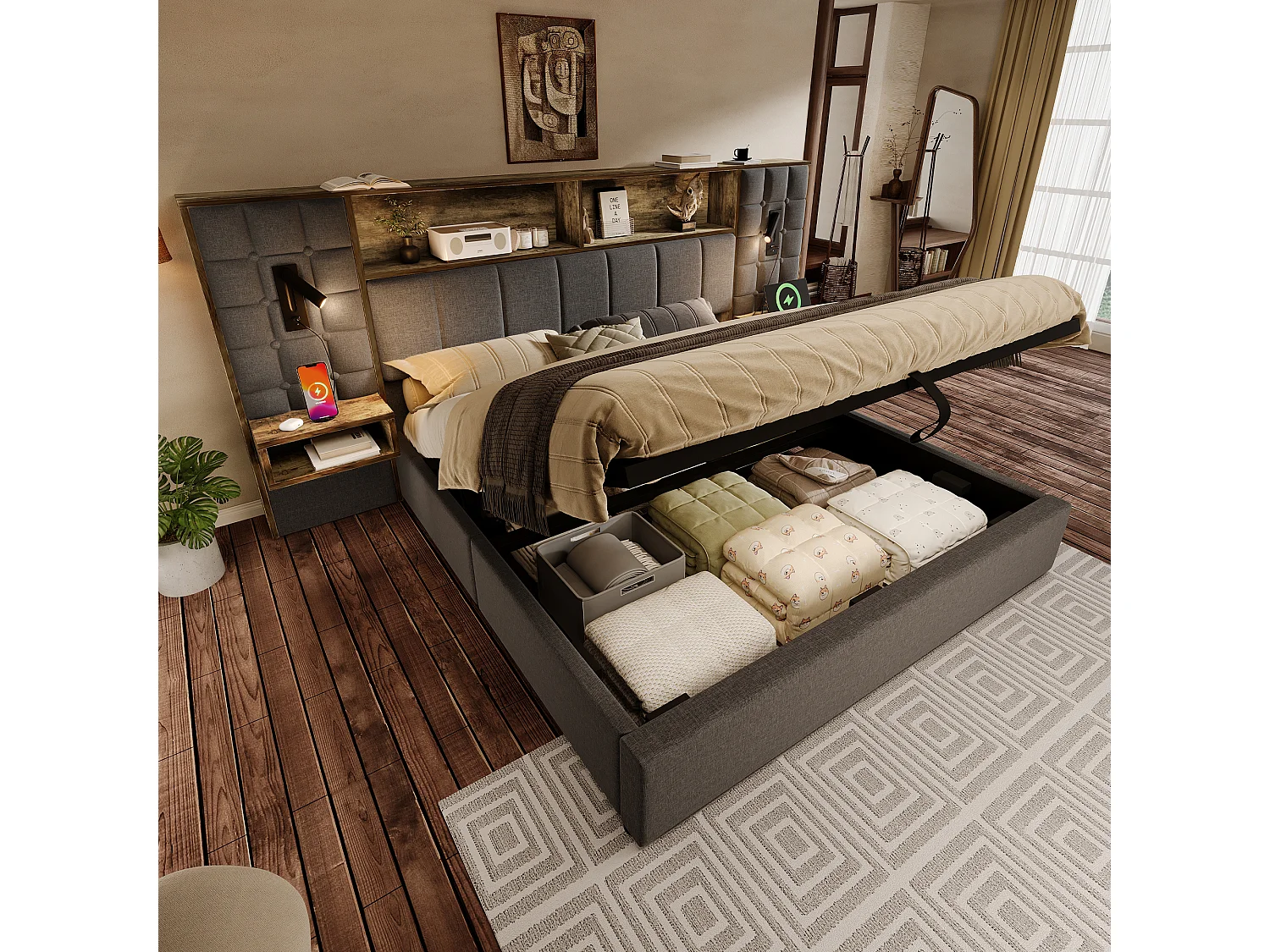 Gestoffeerd opbergbed - 160 x 200 cm - met LED-verlichting + 2 leeslampjes + 2 nachtkastjes + opberghoofdbord - linnen - grijs
