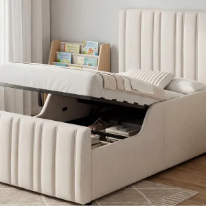 Gestoffeerd kinderbed 90 x 200 cm – met opbergruimte – met gevoerd hoofdbord – lattenbodem – linnen – beige (zonder matras)