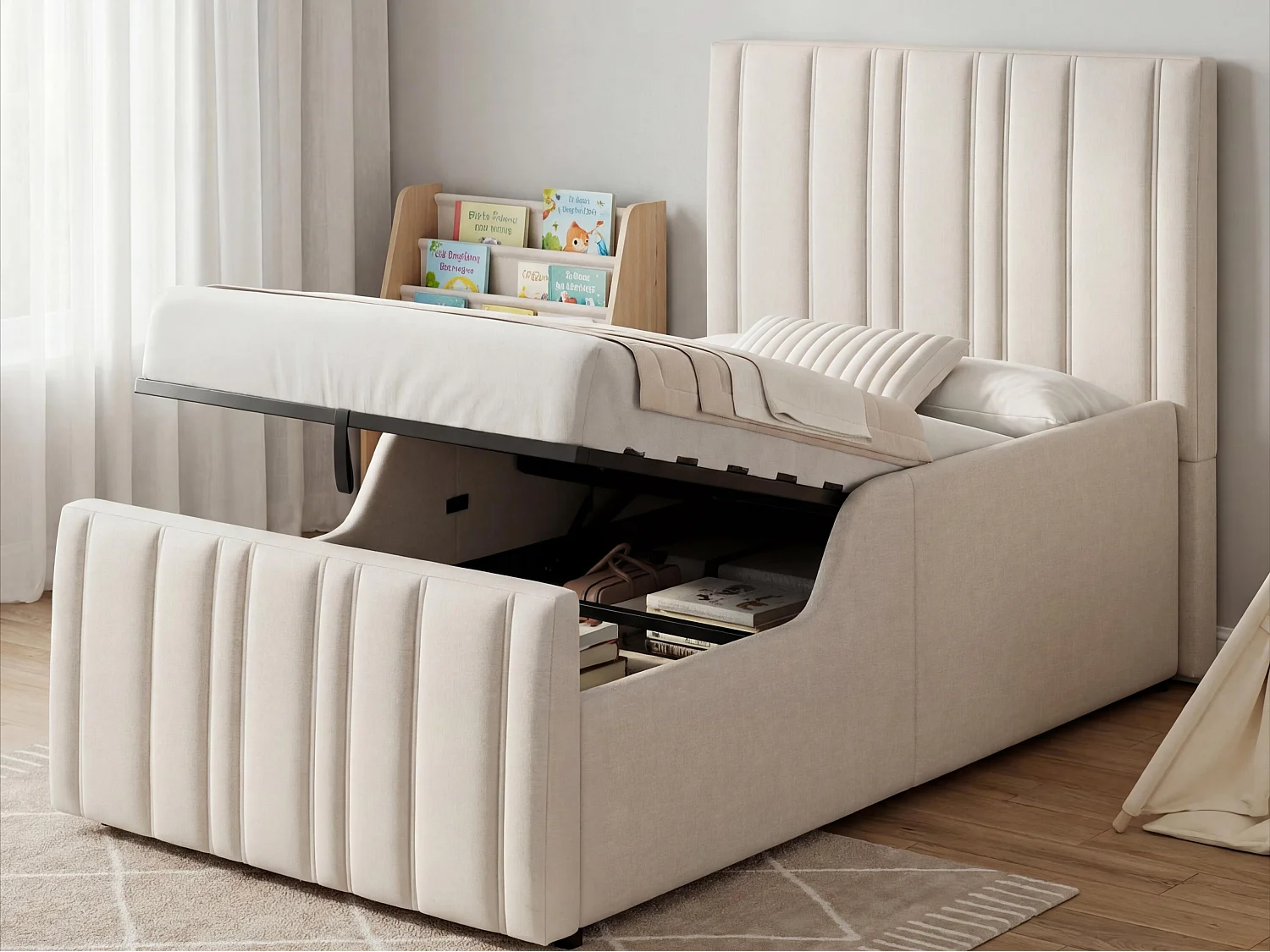 Gestoffeerd kinderbed 90 x 200 cm - met opbergruimte - met gevoerd hoofdbord - lattenbodem - linnen - beige (zonder matras)