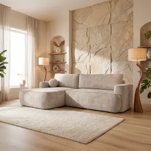 Hoekbank Moon, voor de woonkamer, met slaapfunctie, Flow, rechts, beige (02) Hoekbank Moon, voor de woonkamer, met slaapfunctie, Flow, rechts, beige (02)
