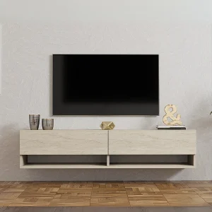 Hangend tv-meubel met 2 klepdeuren, travertin decor L141 cm – ARGES Hangend tv-meubel met 2 klepdeuren, travertin decor L141 cm – ARGES