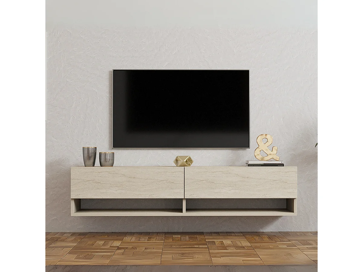 Hangend tv-meubel met 2 klepdeuren, travertin decor L141 cm - ARGES