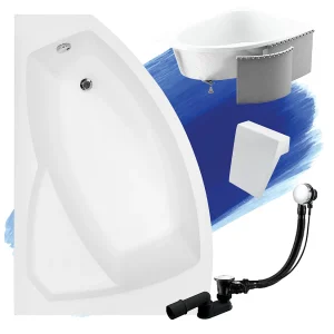 Hoekbadkuip RIMA 130×85 links met piepschuim bekleding en witte hoofdsteunen | Afvoer &amp; voeten GRATIS!