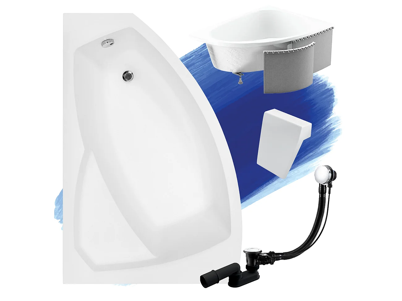 Hoekbadkuip RIMA 130x85 links met piepschuim bekleding en witte hoofdsteunen | Afvoer & voeten GRATIS!