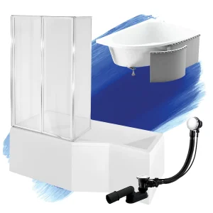 Hoekbad INTEGRA 150×75 links met piepschuim bekleding en glazen afscheiding 3-delig | Afvoer &amp; voeten GRATIS!