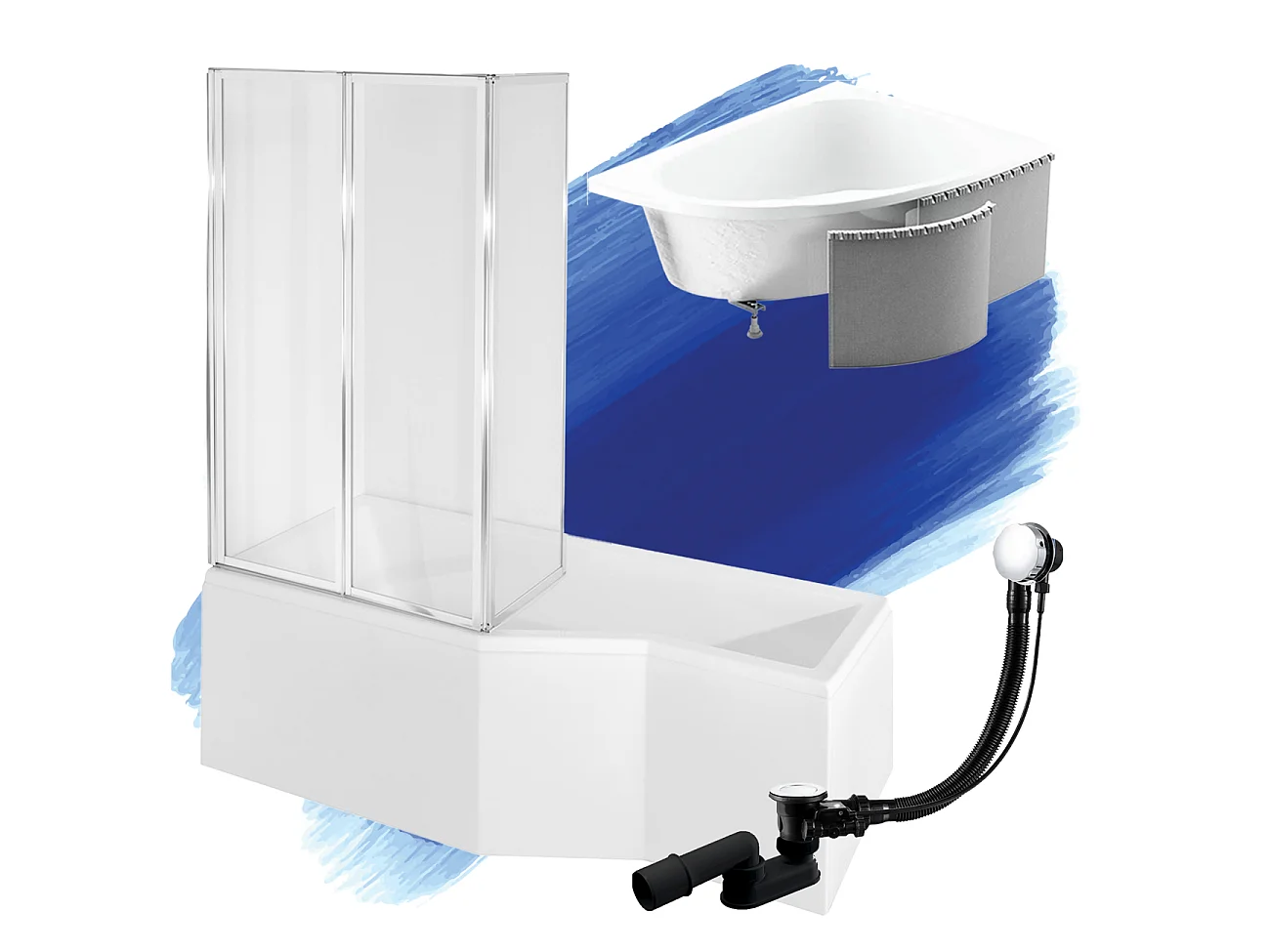 Hoekbad INTEGRA 150x75 links met piepschuim bekleding en glazen afscheiding 3-delig | Afvoer & voeten GRATIS!