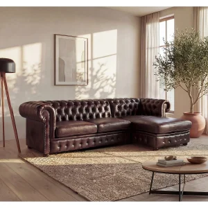 Hoekbank rechts chesterfield BRENTON 100% buffelleer-Bruin Hoekbank rechts chesterfield BRENTON 100% buffelleer-Bruin
