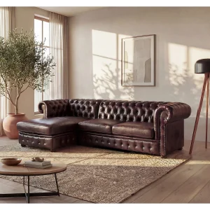 Hoekbank chestefield BRENTON 100% buffelleer – Bruin – Hoek links Hoekbank chestefield BRENTON 100% buffelleer – Bruin – Hoek links