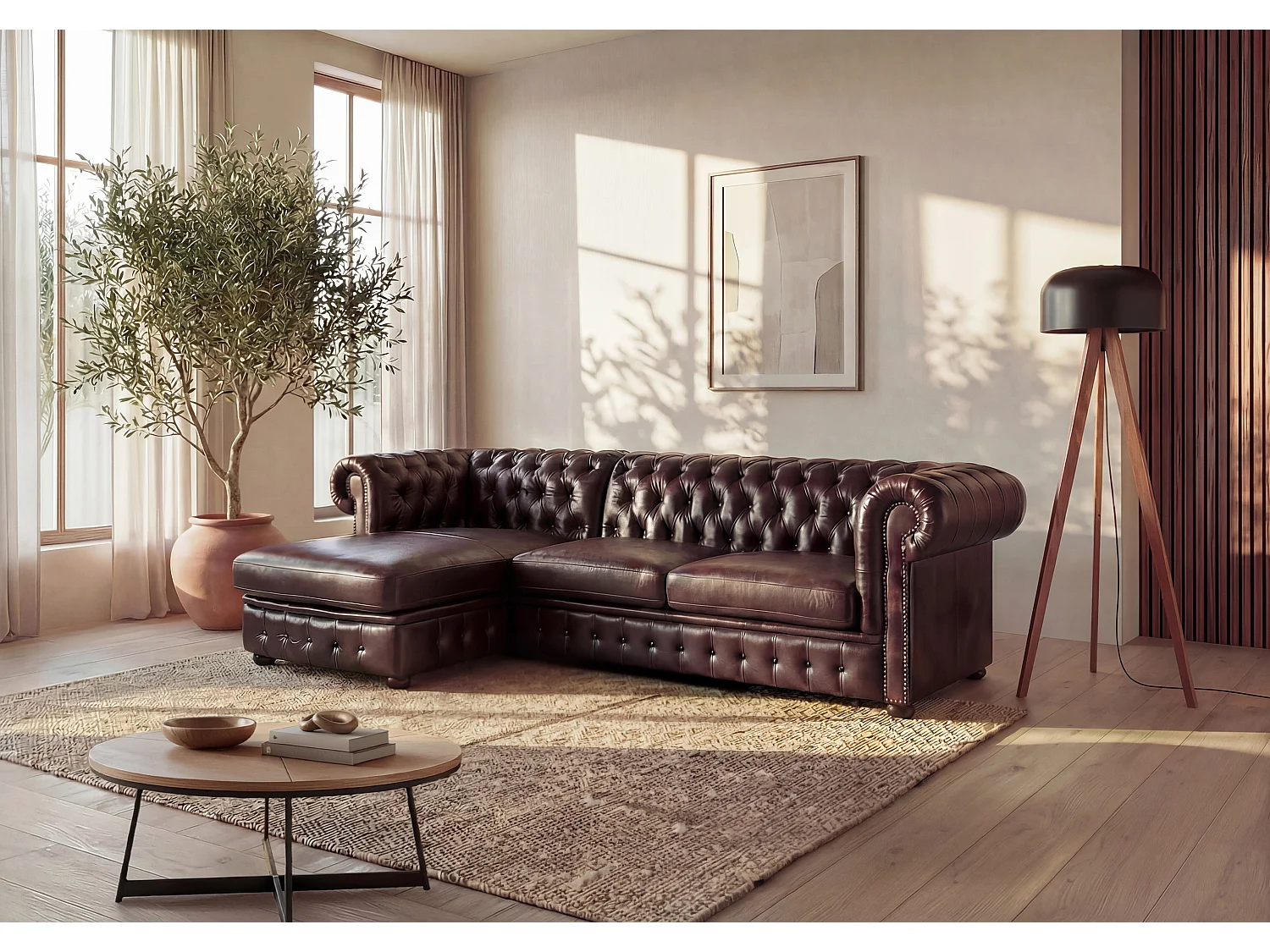 Hoekbank chestefield BRENTON 100% buffelleer - Bruin - Hoek links