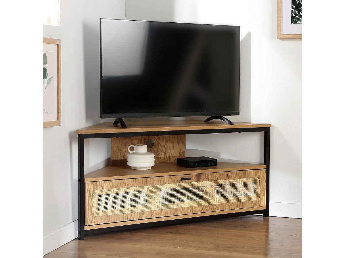 Hoek-TV-meubel 1 deur met rotan webbing L100 cm - JAYA