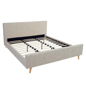 Gestoffeerd bed MCW-J98 + lattenbodem 160cm,  180x200cm crème-beige