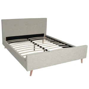 Gestoffeerd bed MCW-J98 + lattenbodem 160cm,  160x200cm crème-beige