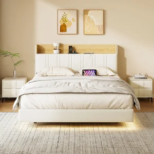Gestoffeerd Bed 160×200 cm Wit Zwevend Effect met LED, Opbergruimte Hoofdeinde & USB-poort, Kunstleer, Metalen Frame en Houten Latten