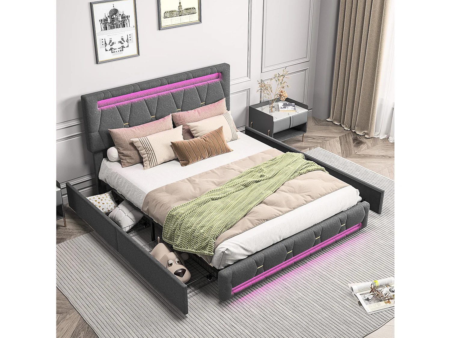 Gestoffeerd tweepersoonsbed grijs 160x200 cm met 4 lades, geïntegreerde LED-verlichting en verstelbare linnen hoofdbord