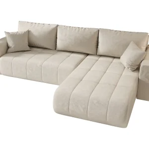 Hoekbank LARA rechts beige velours Monolith 2 – slaapfunctie, bedkist
