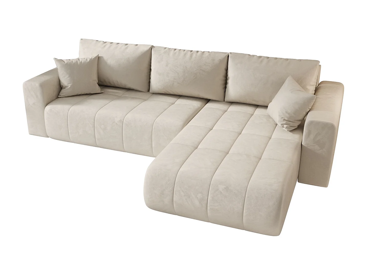 Hoekbank LARA rechts beige velours Monolith 2 - slaapfunctie, bedkist