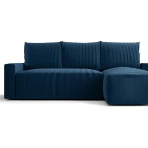 Hoekbank HAVANA rechts donkerblauw ribfluweel Poso 5 – slaapfunctie, bedkist