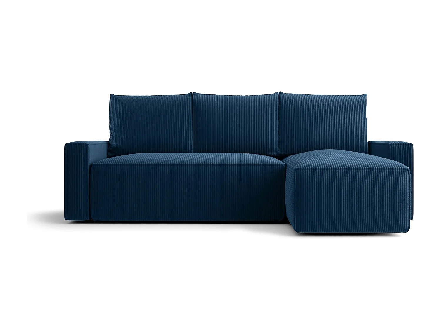 Hoekbank HAVANA rechts donkerblauw ribfluweel Poso 5 - slaapfunctie, bedkist