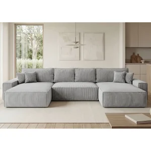 Hoekbank CALIFORNIA U-vorm grijs ribfluweel POSO 55 – slaapfunctie, bedkist Hoekbank CALIFORNIA U-vorm grijs ribfluweel POSO 55 – slaapfunctie, bedkist