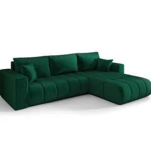 Hoekbank LARA PREMIUM rechts groen velours Monolith 37 – slaapfunctie, bedkist