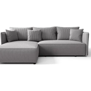 Hoekbank MILANO links grijs ribfluweel Poso 55 – slaapfunctie, bedkist Hoekbank MILANO links grijs ribfluweel Poso 55 – slaapfunctie, bedkist