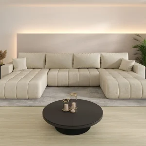 Hoekbank LARA PREMIUM U-vorm beige velours Monolith 2 – slaapfunctie, bedkist