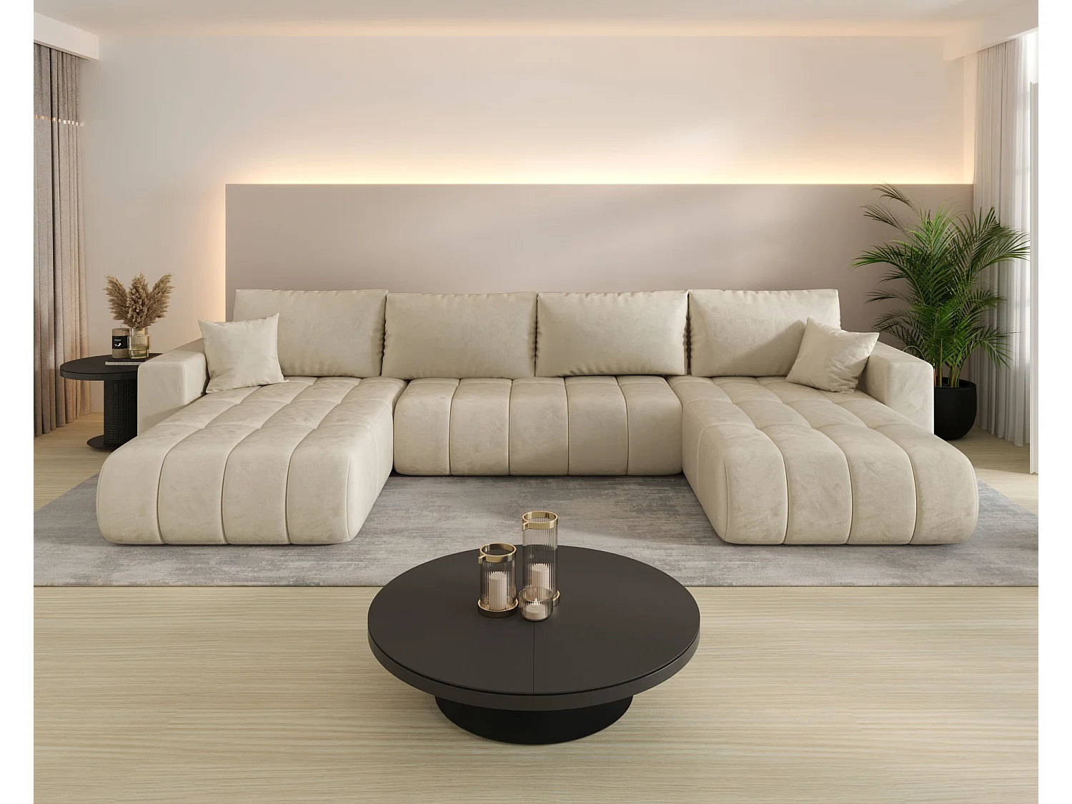 Hoekbank LARA PREMIUM U-vorm beige velours Monolith 2 - slaapfunctie, bedkist