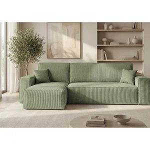 Hoekbank CALIFORNIA MINI links lichtgroen ribfluweel Poso 47 – slaapfunctie, bedkist