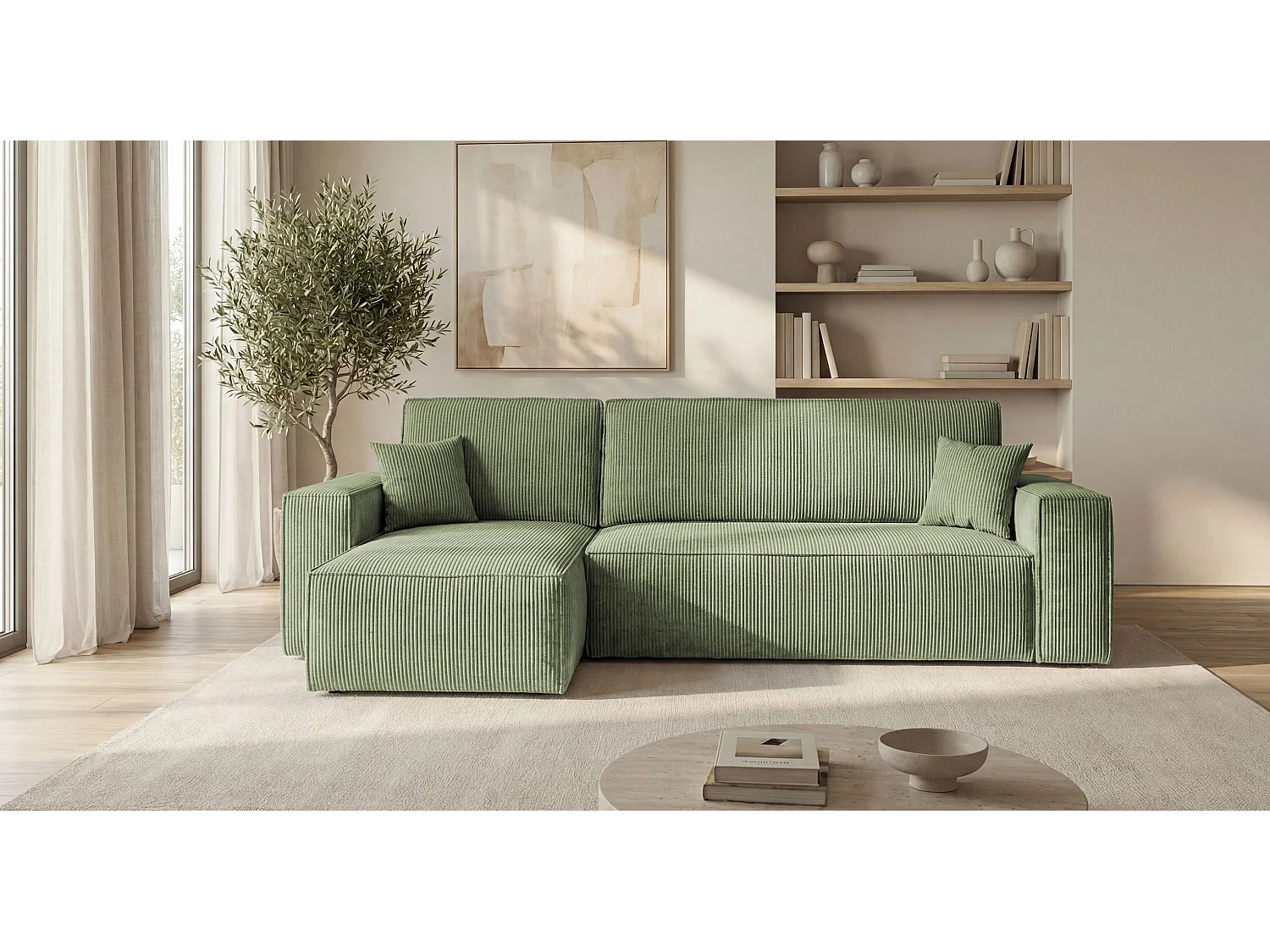 Hoekbank CALIFORNIA MINI links lichtgroen ribfluweel Poso 47 - slaapfunctie, bedkist