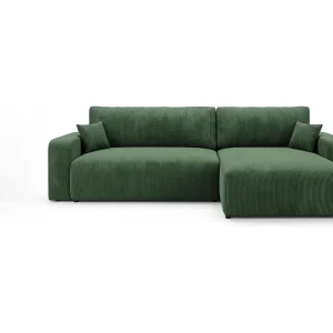 Hoekbank BERLIN rechts groen ribfluweel Poso 14 – slaapfunctie, bedkist