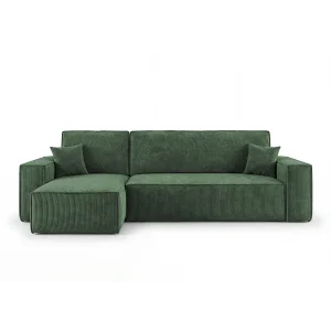 Hoekbank CALIFORNIA MINI links groen ribfluweel Poso 14 – slaapfunctie, bedkist