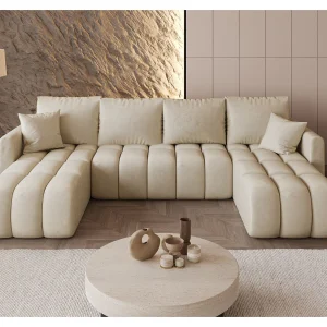 Hoekbank GARDA U-vorm beige velours Monolith 2 – slaapfunctie, bedkist