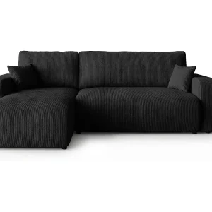 Hoekbank PARIS links zwart ribfluweel Poso 135 – slaapfunctie, bedkist Hoekbank PARIS links zwart ribfluweel Poso 135 – slaapfunctie, bedkist