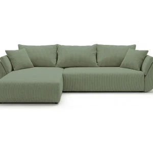 Hoekbank SYDNEY links lichtgroen ribfluweel Poso 47 – slaapfunctie, bedkist