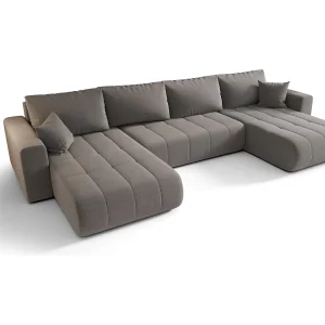 Hoekbank LARA U-vorm donkerbeige gebreid Wind 21 – slaapfunctie, bedkist