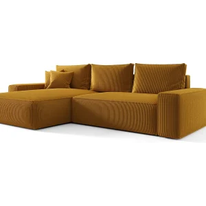 Hoekbank CALIFORNIA links Pomaranczowy ribfluweel Poso 1 – slaapfunctie, bedkist