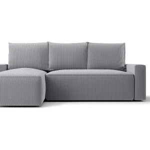 Hoekbank HAVANA links grijs ribfluweel Poso 55 – slaapfunctie, bedkist