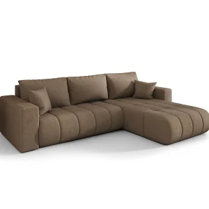 Hoekbank LARA PREMIUM rechts bruin velours Monolith 9 – slaapfunctie, bedkist