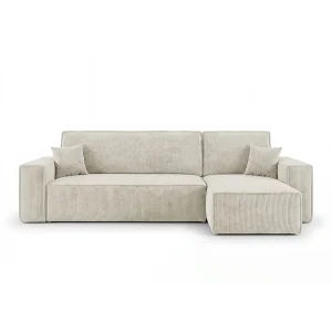Hoekbank CALIFORNIA MINI rechts wit ribfluweel Poso 100 – slaapfunctie, bedkist