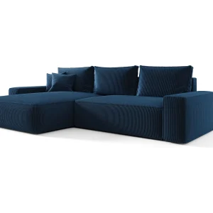 Hoekbank CALIFORNIA links donkerblauw ribfluweel Poso 5 – slaapfunctie, bedkist Hoekbank CALIFORNIA links donkerblauw ribfluweel Poso 5 – slaapfunctie, bedkist