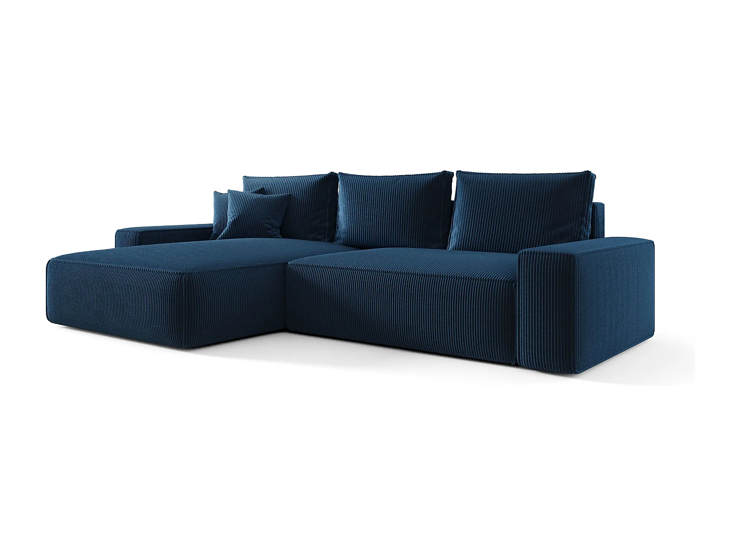 Hoekbank CALIFORNIA links donkerblauw ribfluweel Poso 5 - slaapfunctie, bedkist