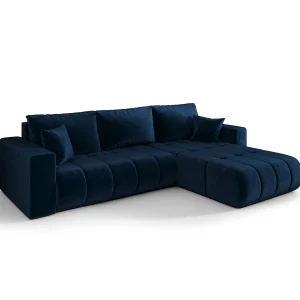 Hoekbank LARA PREMIUM rechts donkerblauw velours Monolith 77 – slaapfunctie, bedkist