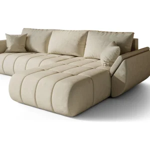 Hoekbank SYDNEY PREMIUM rechts beige velours Monolith 2 – slaapfunctie, bedkist Hoekbank SYDNEY PREMIUM rechts beige velours Monolith 2 – slaapfunctie, bedkist